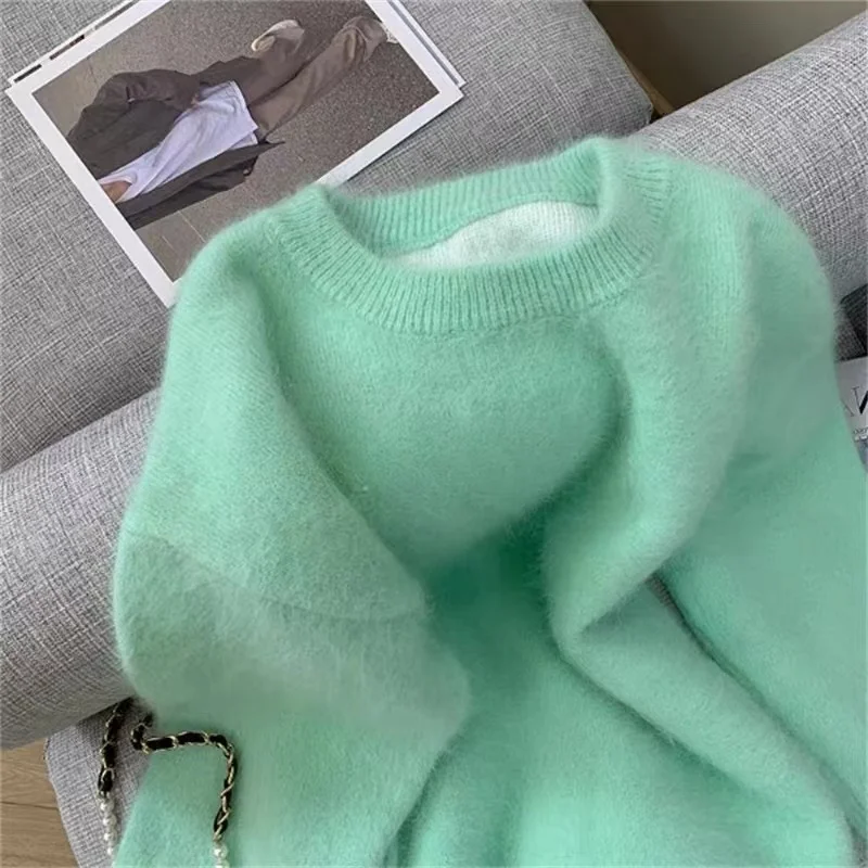 Elegant Women O Neck Soft Mohair Knitted Mint Green Sweaters Chic Autumn Winter Fashion Long Sleeve Warm Loose Female Pullovers