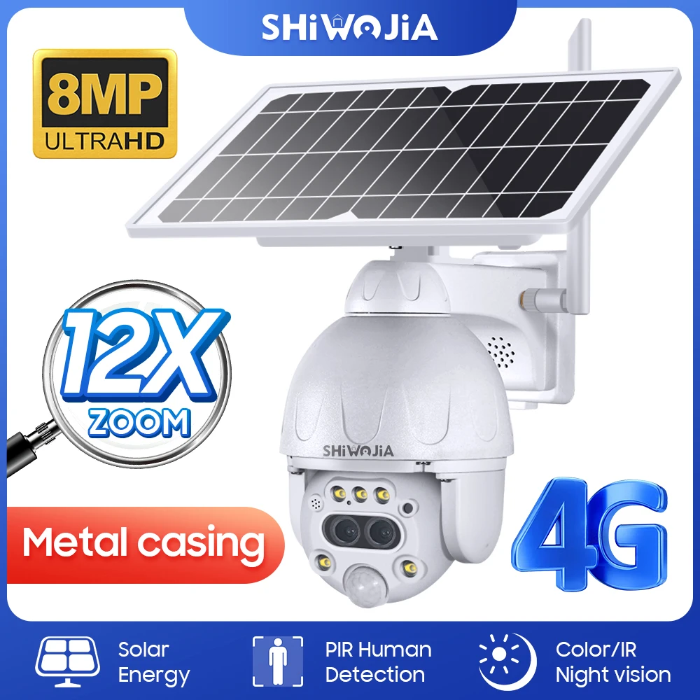 SHIWOJIA 4K 8MP Solar Camera 360°PTZ 12X Zoom 4G SIM /WIFI Security Outdoor Camera Humanoid Tracking Security Surveillance