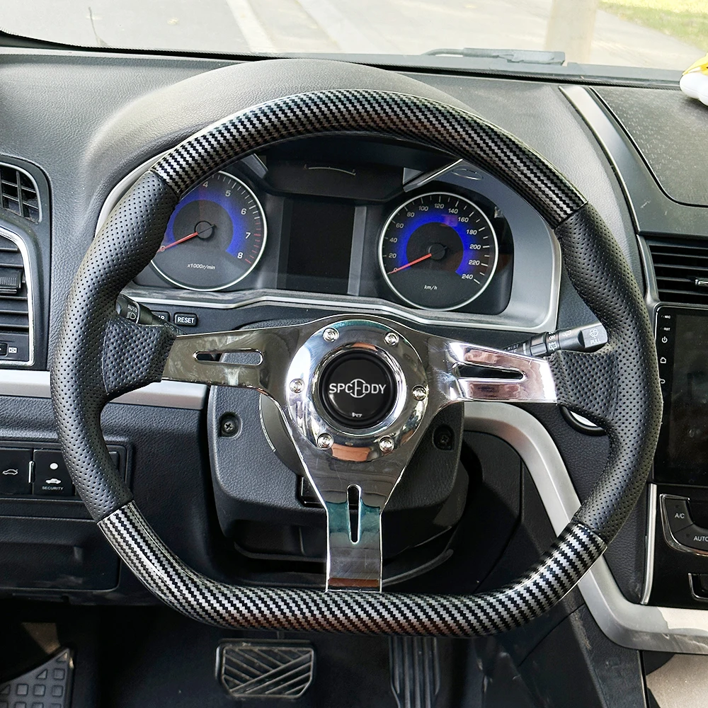 

14-дюймовый 350 мм D-образный эллиптический новый автомобильный спортивный руль, полировка гальванических спиц, карбоновая ручка, черная кожа