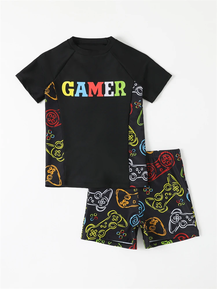 Boy Swimsuit 2024 New Graffiti Print Short Sleeve Children Swimwear Summer Two Piece Kids Beach Wear Swimming Bathing Suit Boys