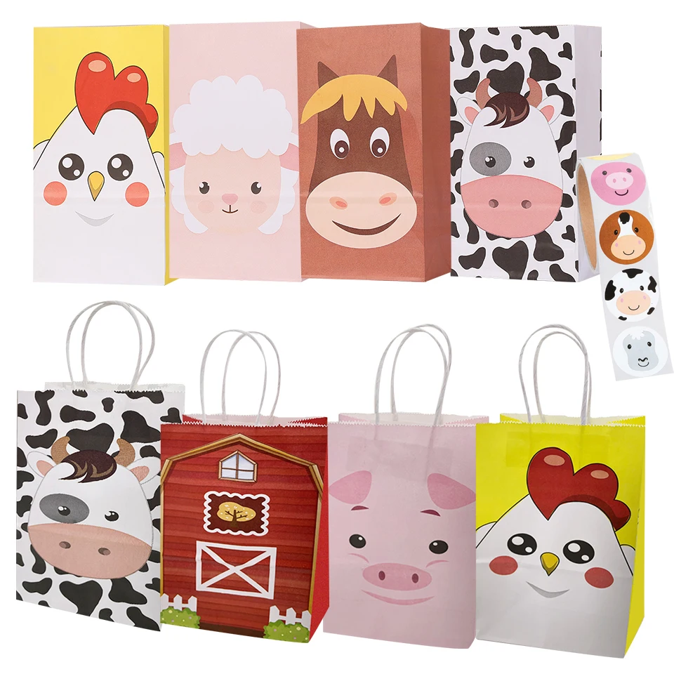 6PCS Carton Farmland Animal Candy Bags Paper Crafts Kraft\'s Packaging Bag for Kids Farm Themed Animal Birthday Party Supplies