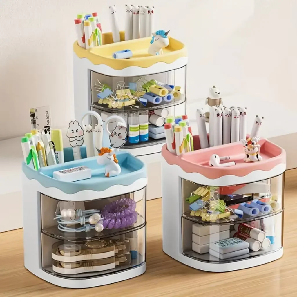 

Cartoon style mini desktop storage box rotating cosmetics office stationery and makeup storage rack home decor Practical convent