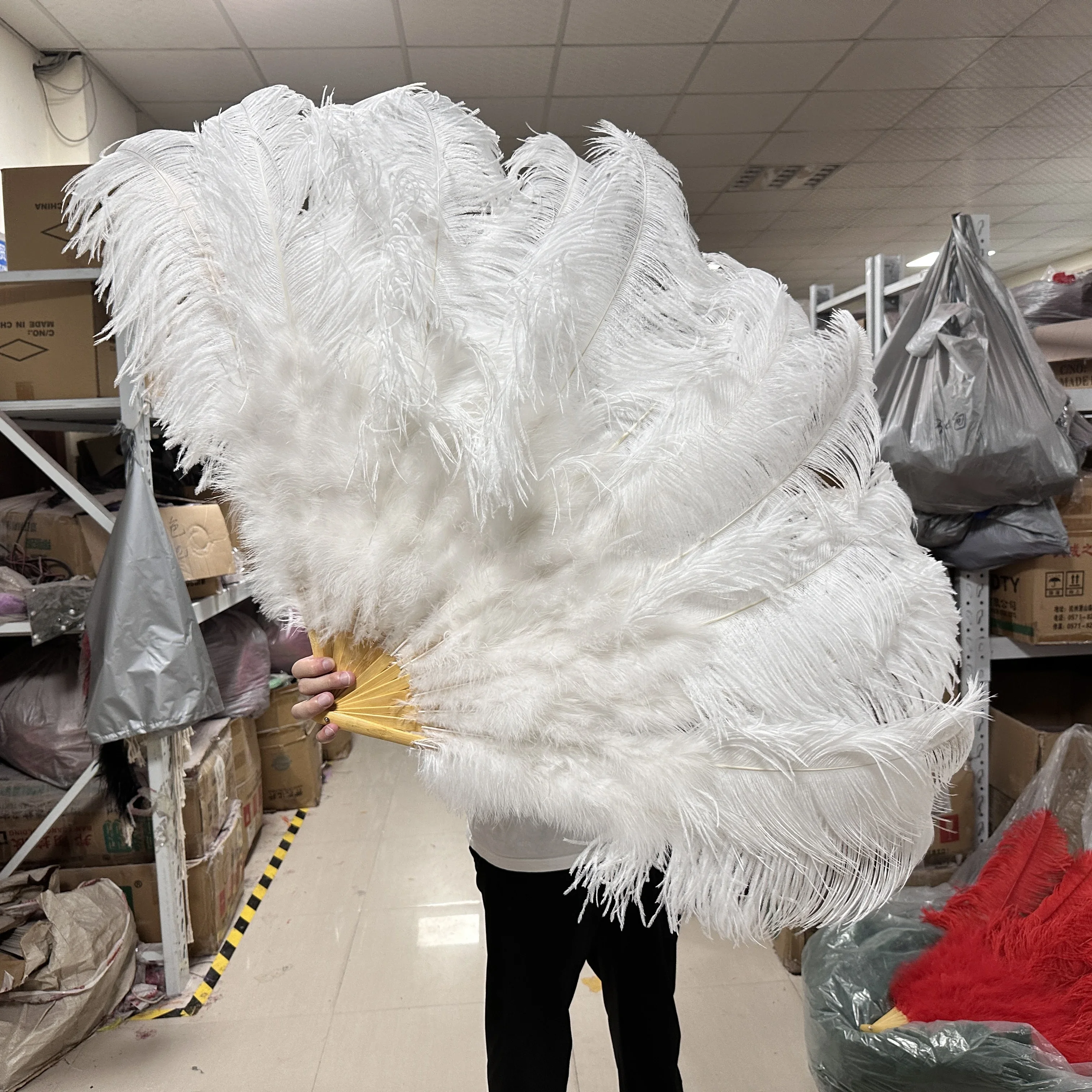 White 130CM Big Fluffy Ostrich Feather Fans 100CM Rose Feather Fan Party Stage Carnival Dance Performance Hands Held Folding Fan