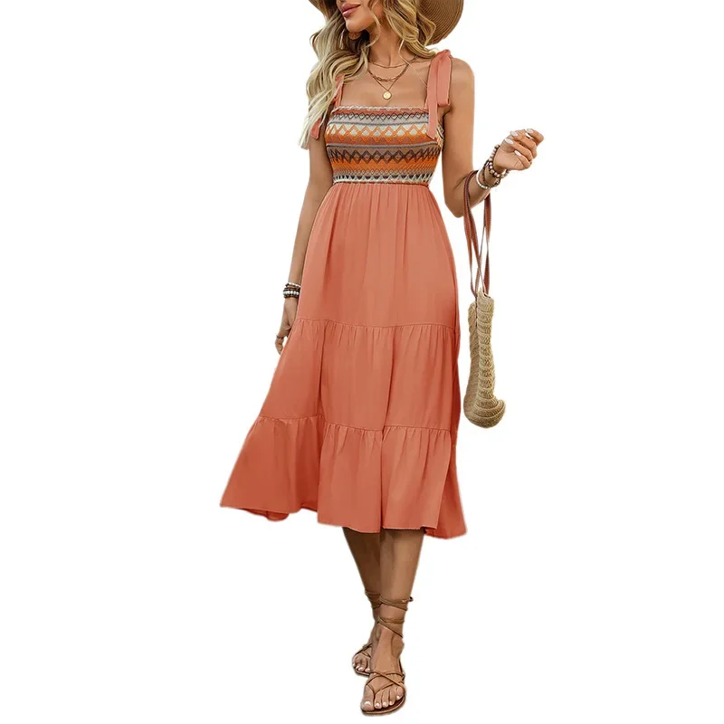 ชุดเดรสยาวเซ็กซี่ A-list Spliced สไตล์ชาติพันธุ์ชุดผู้หญิง 2025 ฤดูร้อนใหม่ Boho ชุด m