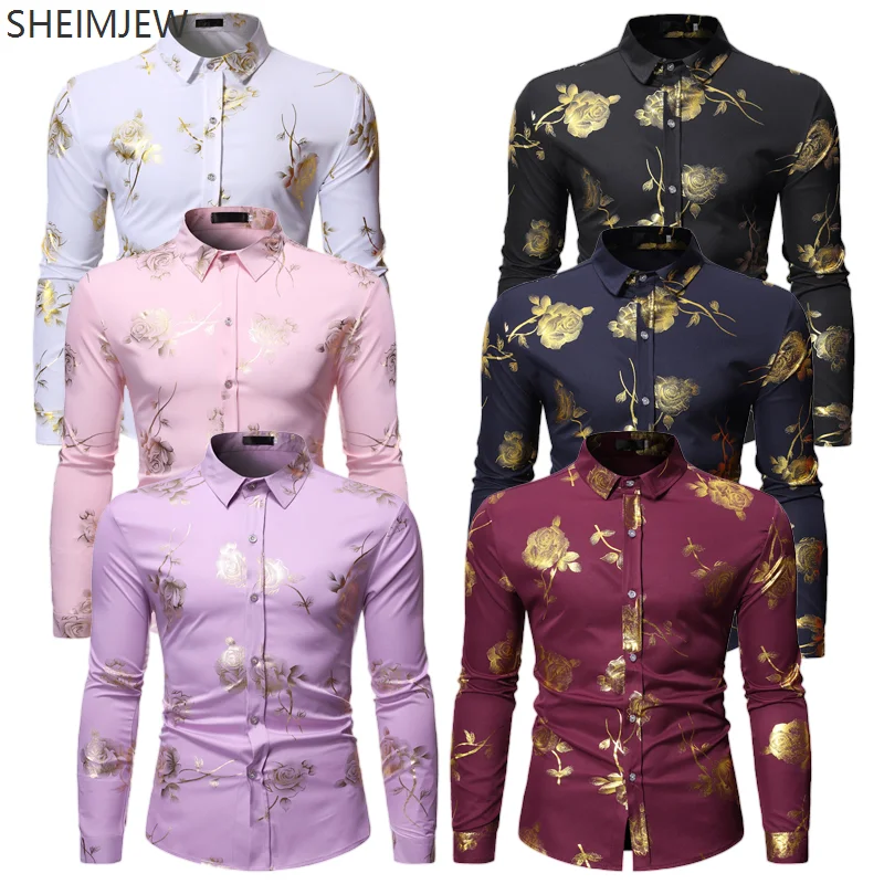 New Men's Gold Rose Floral Print Shirt Adult Floral Steampunk Petticoat White Long Sleeve Wedding Party Hot Stamping Camisole