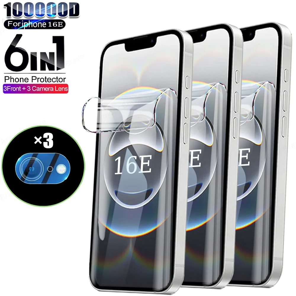 6IN1 HD هيدروجيل فيلم آيفون 16E 2025 13 12 14 11 15 برو ماكس زائد XS عدسة الكاميرا حامي الشاشة آيفون 16 برو ماكس فيلم