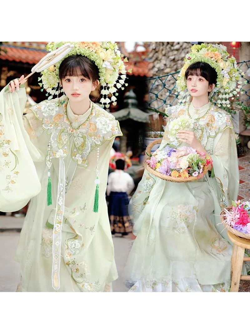 

New Arrival Hanfu Costume Ming Dynasty Style Embroidered Ma Face Skirt Stand Collar Button Front Long Shirt for Women Photogr...