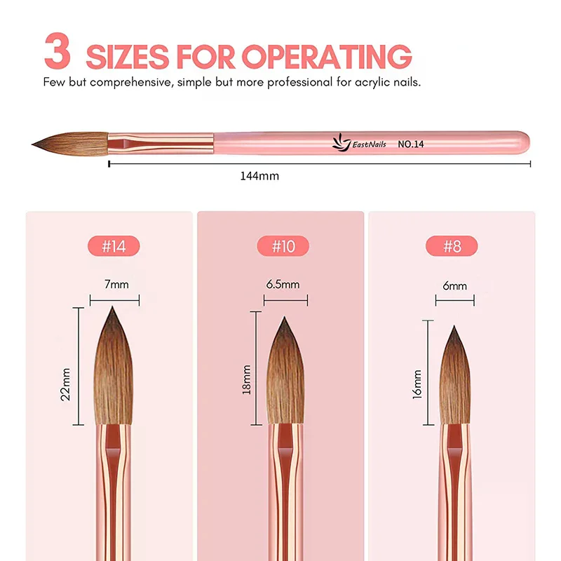 Set di pennelli per unghie in acrilico da 3 pezzi # 8/10/14 Spazzole per unghie professionali per estensione polvere acrilica Nail Art Strumenti per salone di manicure per intaglio 3D