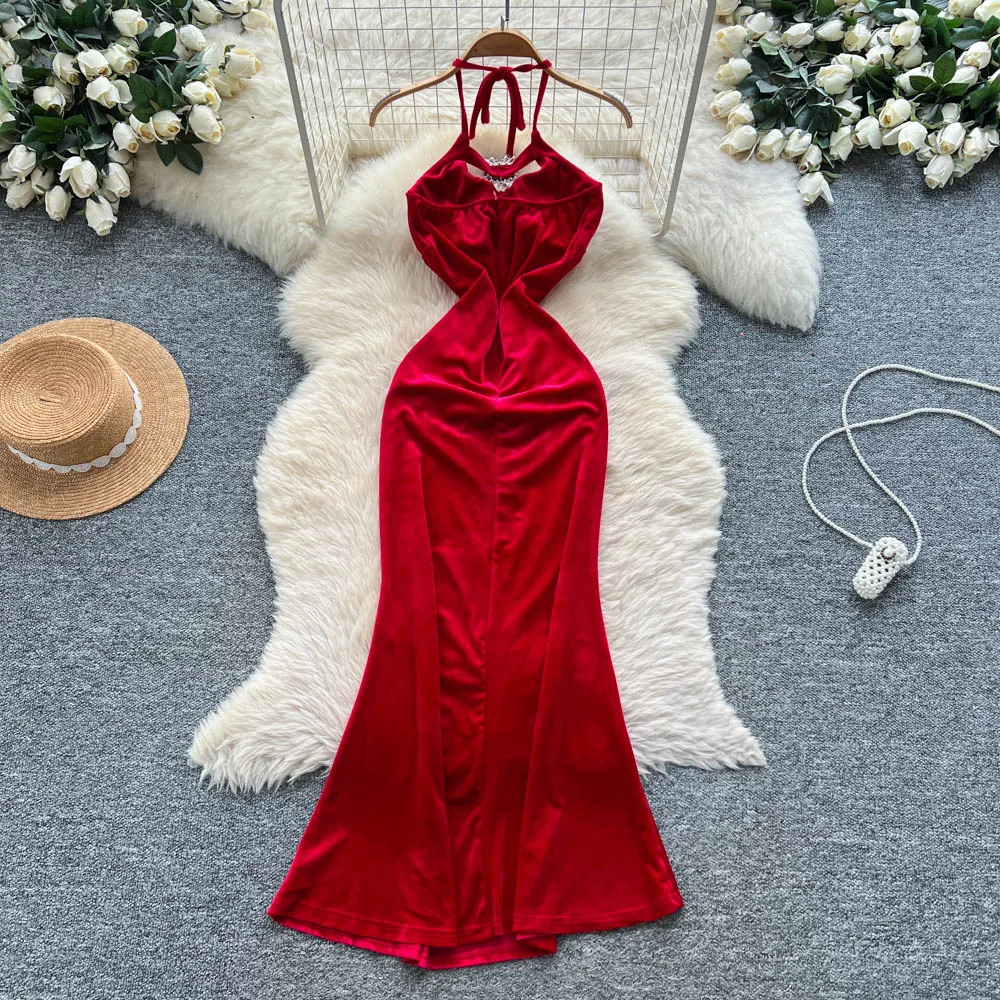 ヴィンテージ エレガント バックレス ベロアドレス シックなドレス 女性ファッション レトロ パーティー セレモニードレス