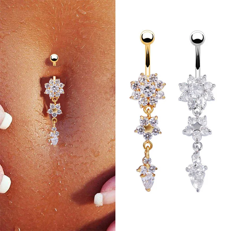 New Fashion Sexy Piercing Navel Nail Body Jewelry Flower Pendant Crystal Belly Button Rings for Women Girls #77463