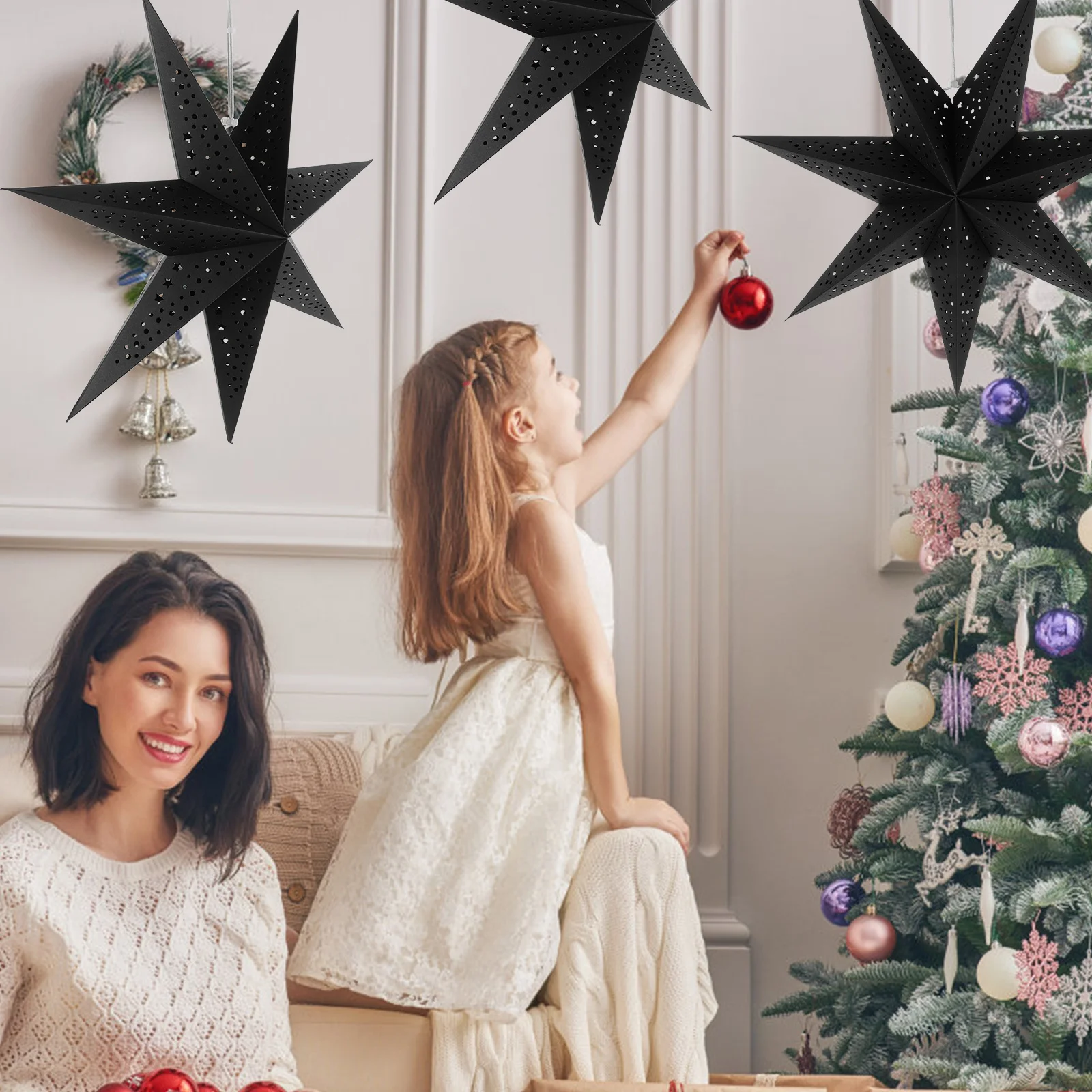 

3Pcs 3D Paper Star Lantern Lampshade Hanging Pendant Light Cover for Christmas Decoration Xmas Party Home Ceiling Decor