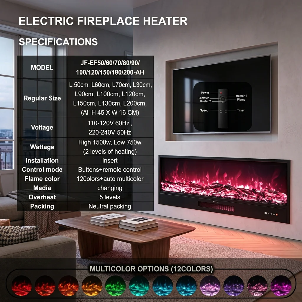 120cm Factory Hot Sale 3D Multi-Color Realistic Flame Heaters Indoor Electric Fireplace Stove Wall Mounted Insert Fire Place