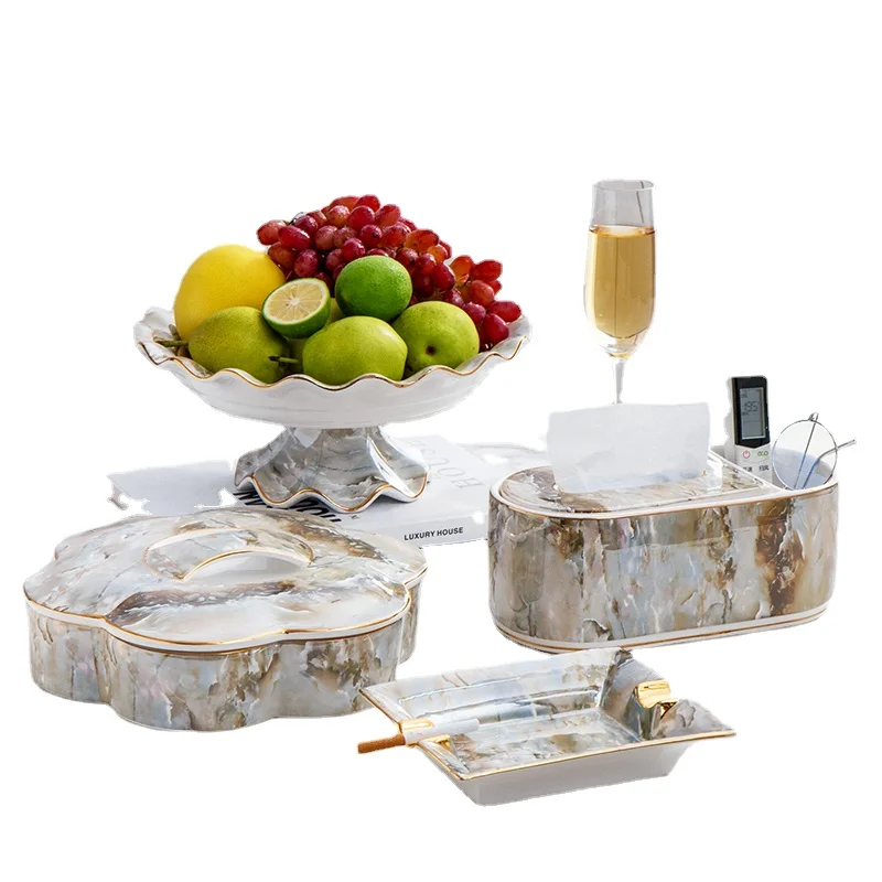 

European Fruit Plate Ceramic High-End Creative and Slightly Luxury Dried Fruit Tray Compartment with Lid Household Living Room