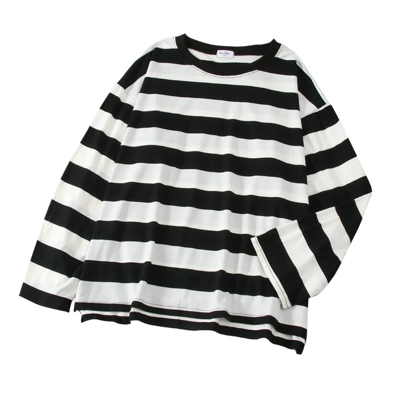 Women Fall Crewneck Long Sleeve T-Shirt Aesthetic Striped Oversized Blouse Top DropShip