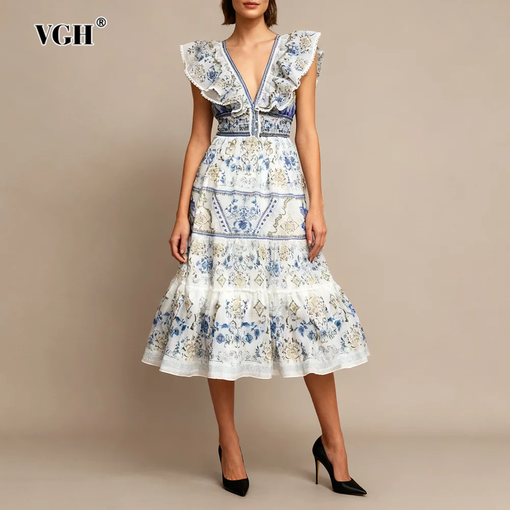VGH Franse retro print midi-jurken voor dames diepe v-hals vliegende mouw hoge taille patchwork plooien rand galajurk vrouwelijk nieuw