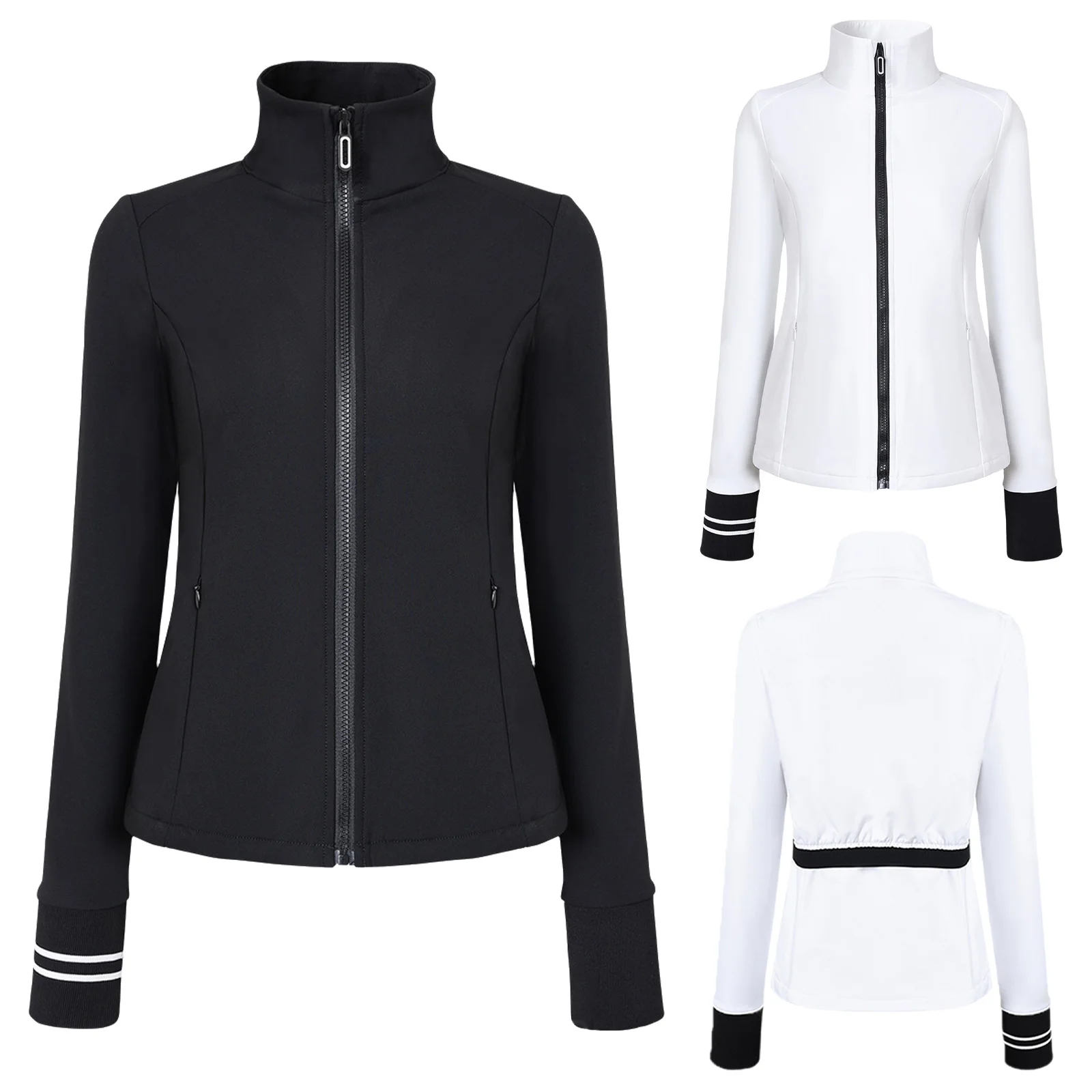 Women Warm Fleece-Lined Golf Jacket Stand Collar Long Sleeve Zip-Up Coat Outerwear with Invisible Zipper Pockets for Daily Wear