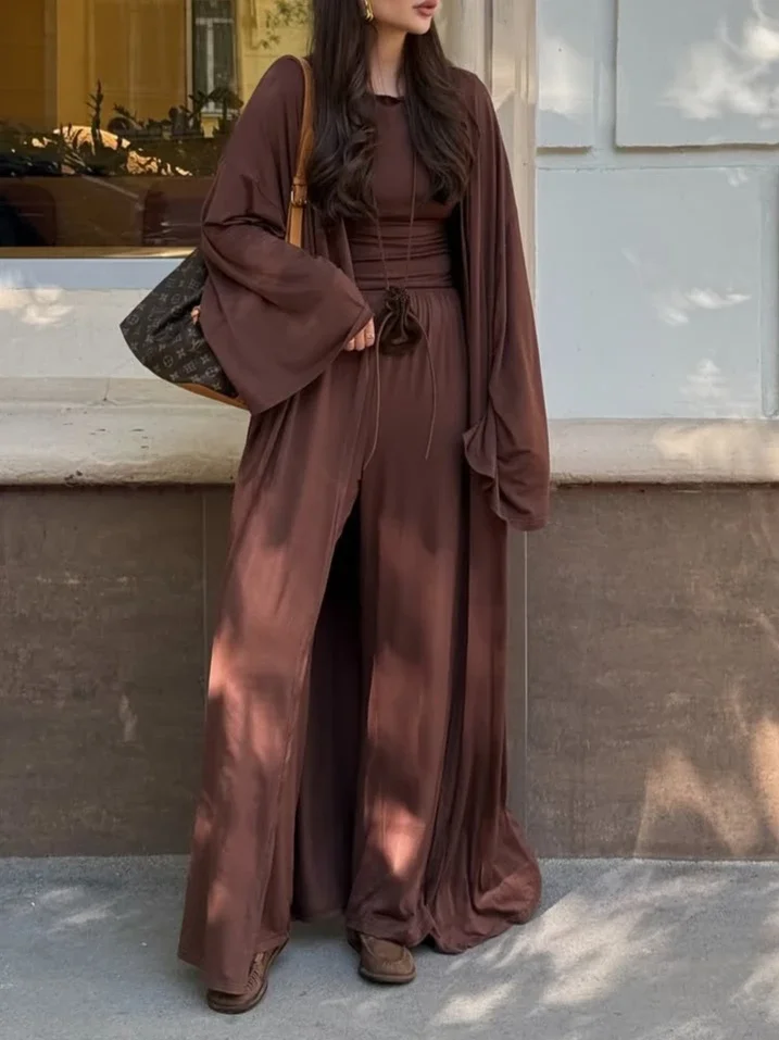 

Yaminiya 2025 new Three-Piece Suit New Casual Long Cardigan+sleeved slim fit top+Wide Leg Pants Simple Casual Elegant Pants Set