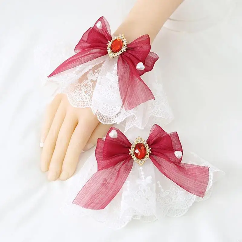 D0UD Wedding Dress Wrist Band with Bowknot Decor Cosplay Costume Decorative Sleeve for Birthday Anime Party Non Slip