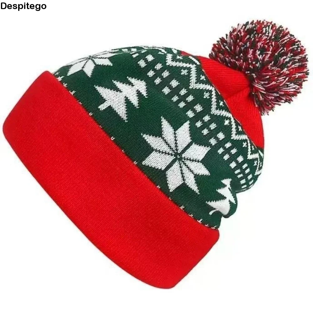 Snowflake Christmas Hat Warm Jacquard Knitted Beanie Hat Red Green Patchwork Color Gift Christmas Knitted Hat Festive Decoration