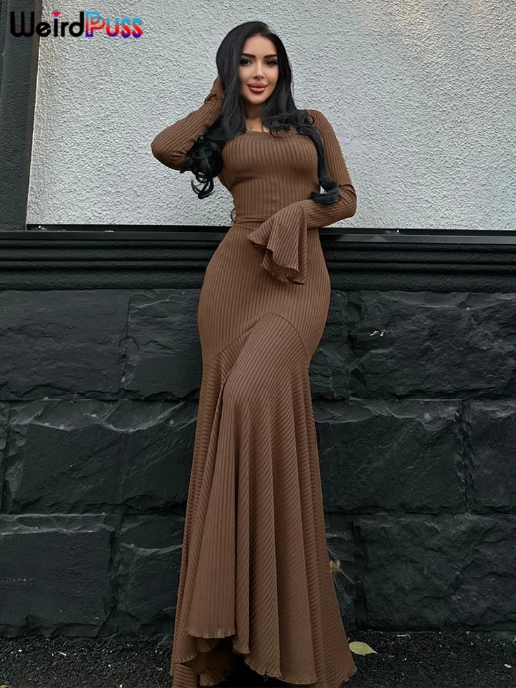 Vestido elegante acanalado con diseño de gato extraño para mujer, cuello redondo, manga acampanada lisa, dobladillo con volantes y cordones, tendencia urbana, ceñido largo clásico elástico