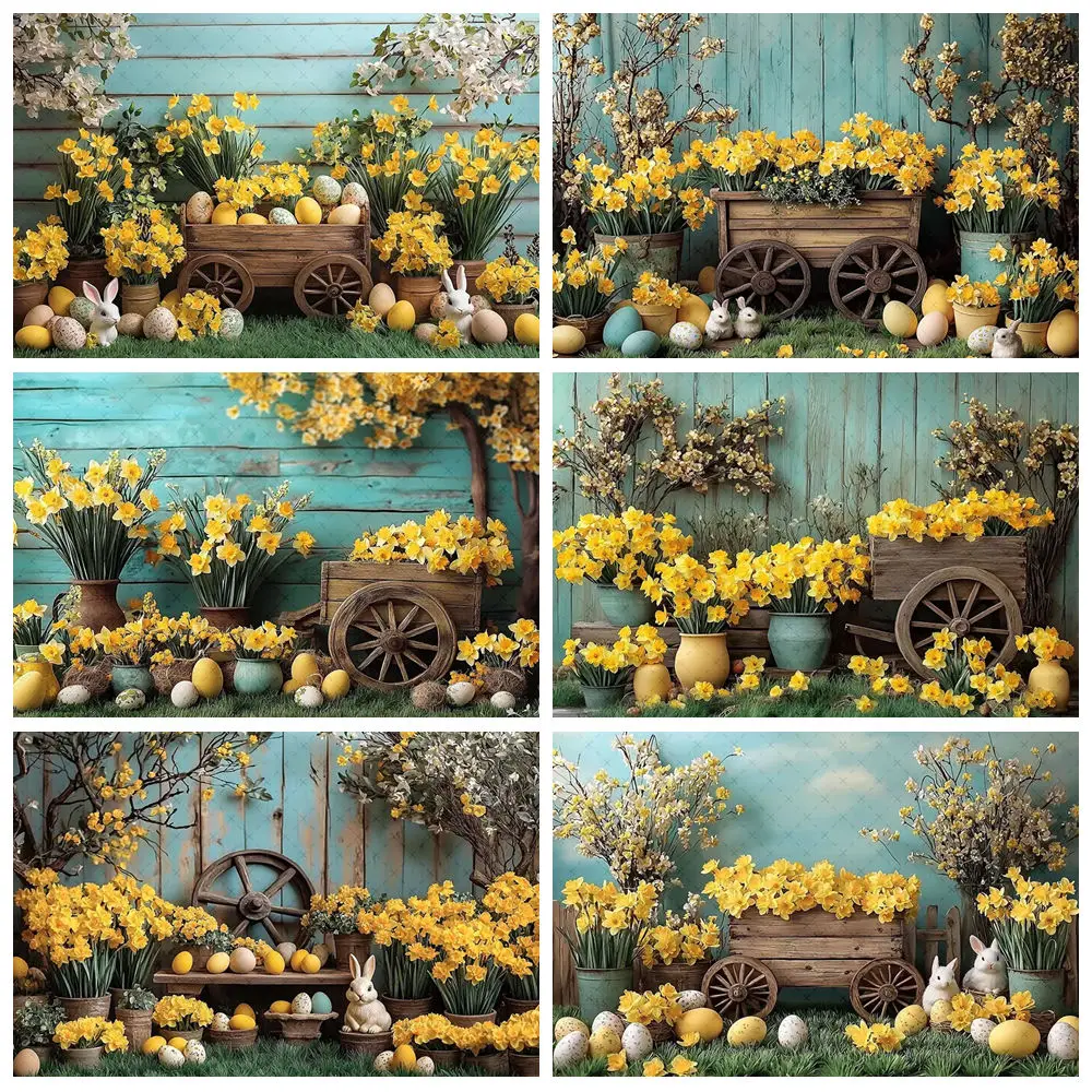 

Photography Background Spring Easter Yellow Flowers Bunny Eggs Kids Birthday Party Decoration Backdrop Photo Studio Props