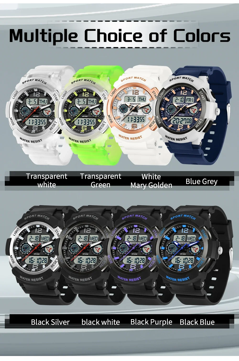 SANDA 6188 New Fashionable Men\'s Watch Outdoor Multi functional Student Fashion Sports Waterproof Men\'s Electronic Watch 2024