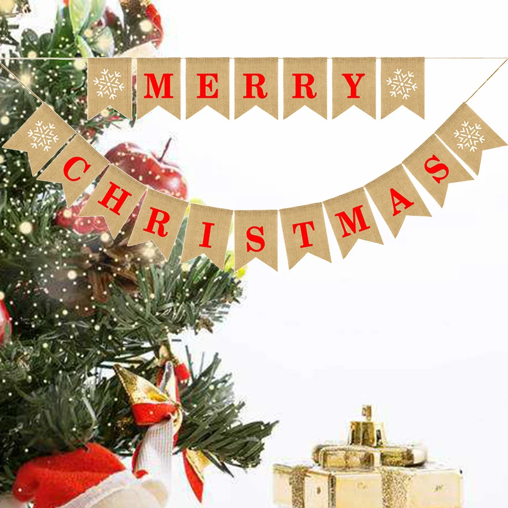 

MERRY CHRISTMAS Letters Bunting Banner Decoration Snowflake Pattern Linen Burlap Banner Swallowtail Pull Flag Party Supplies for