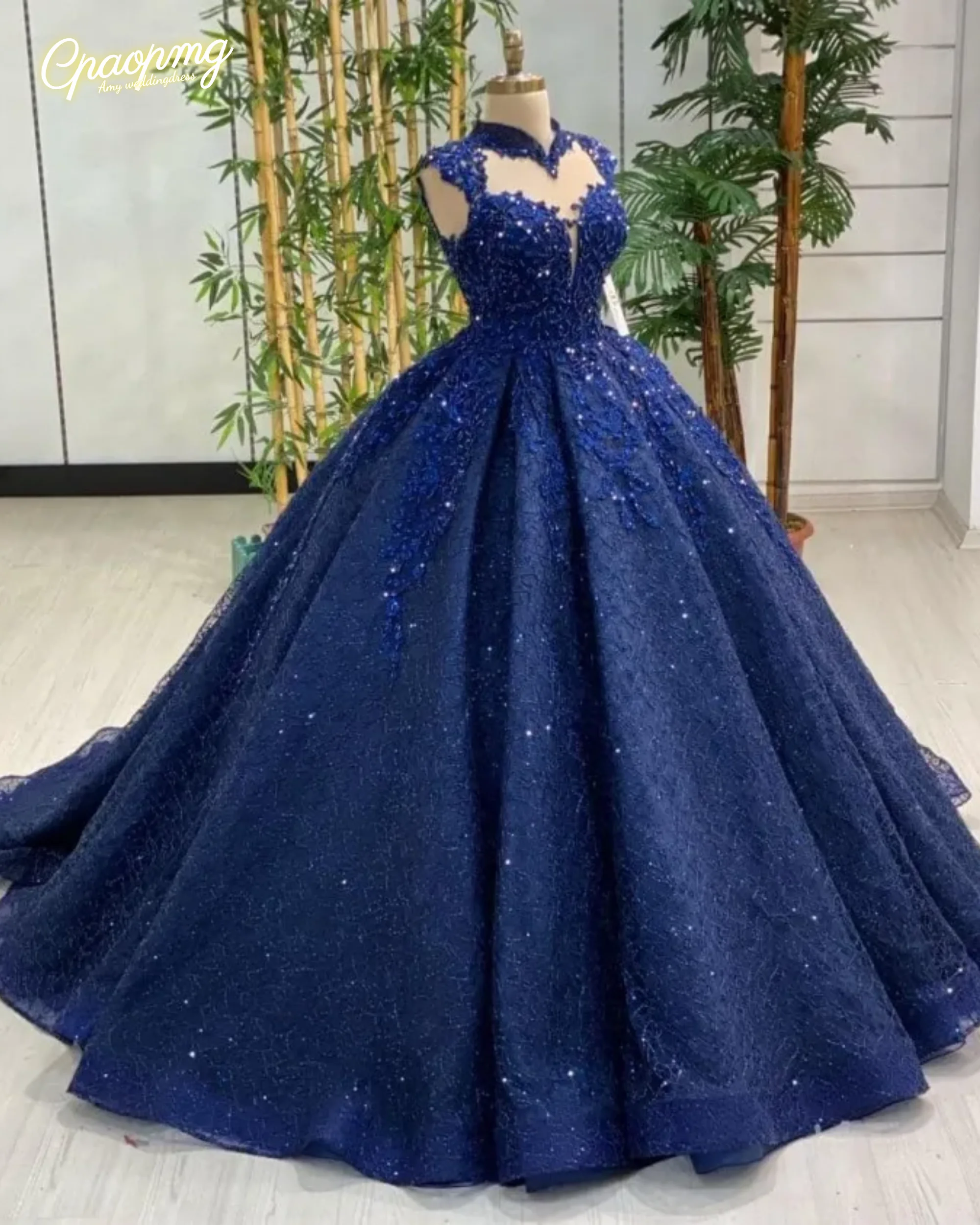 

Customized Gorgeous Navy Blue Formal Evening Dresses Princess Ball Gown Beading High Collar Cap Sleeves Women Prom Pageant Gowns