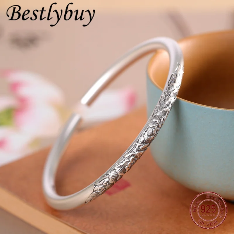 

new 999.9 Retro Loach Back 3D Embossed Peony Flower Open Bracelet for Women's Fashion Light Luxury Valentine's Day Gift