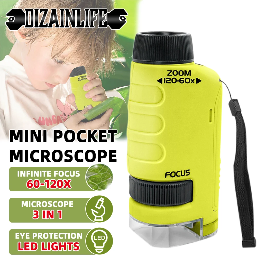 60-120X Kids Microscope Pocket Microscope with LED Portable High Definition Science Microscope Outdoor Pocket Kid Microscope