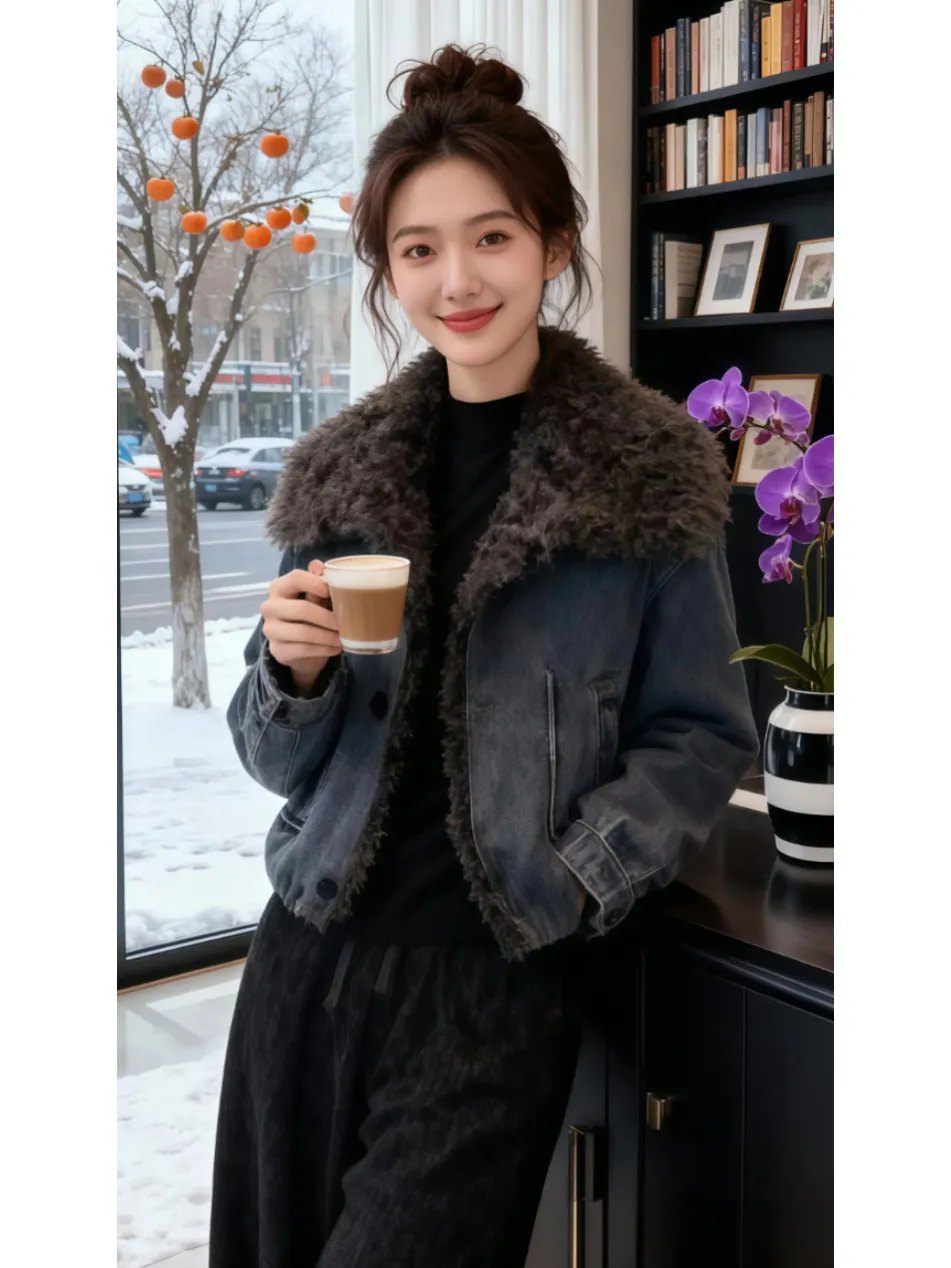 

Ретро-джинсовая куртка из хлопка для женщин, новая зимняя модель в корейском стиле, свободного кроя, с воротником из овечьей шерсти, пилотная куртка, теплая и стильная.