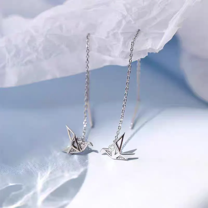 

Серебро 925, тысяча оригами, журавль, проволока для ушей, корейская версия, модные изысканные полые элегантные серьги для женщин