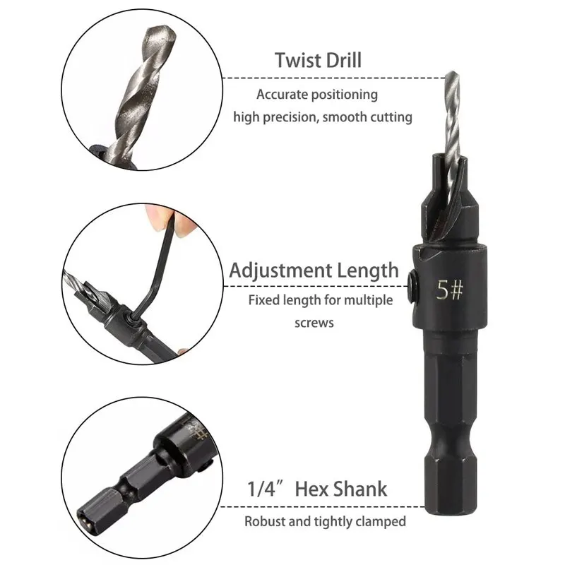 Juego de herramientas de perforación y escariado para carpintería, tornillo de vástago hexagonal, broca avellanada, agujero cónico, Hardware, 5 piezas