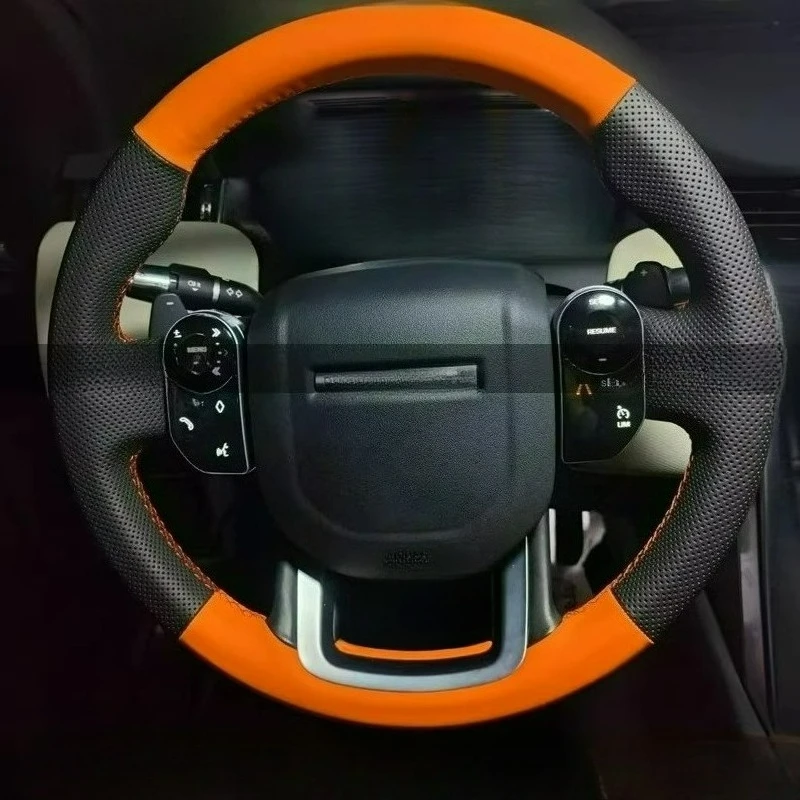

Чехол на руль из черной и оранжевой кожи ручной работы для Land Rover Range Rover Velar 17-22, Evoque 2020, Discovery Sport