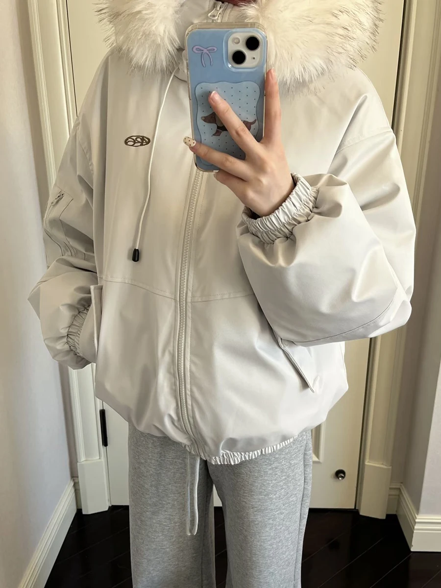 

Свободное пальто-паркер с карманами, женская куртка-бомбер на молнии со съемным меховым воротником и капюшоном, американские винтажные зимние теплые хлопковые куртки