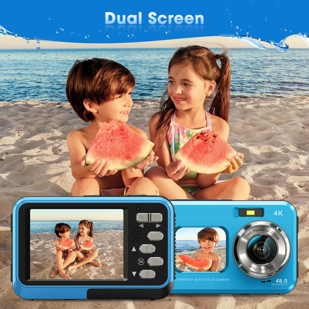 4K Underwater Camera 11FT Waterproof Camera with 64GB Card 48MP Autofocus Dual-Screen Selfie Underwater Camera for Snorkeling