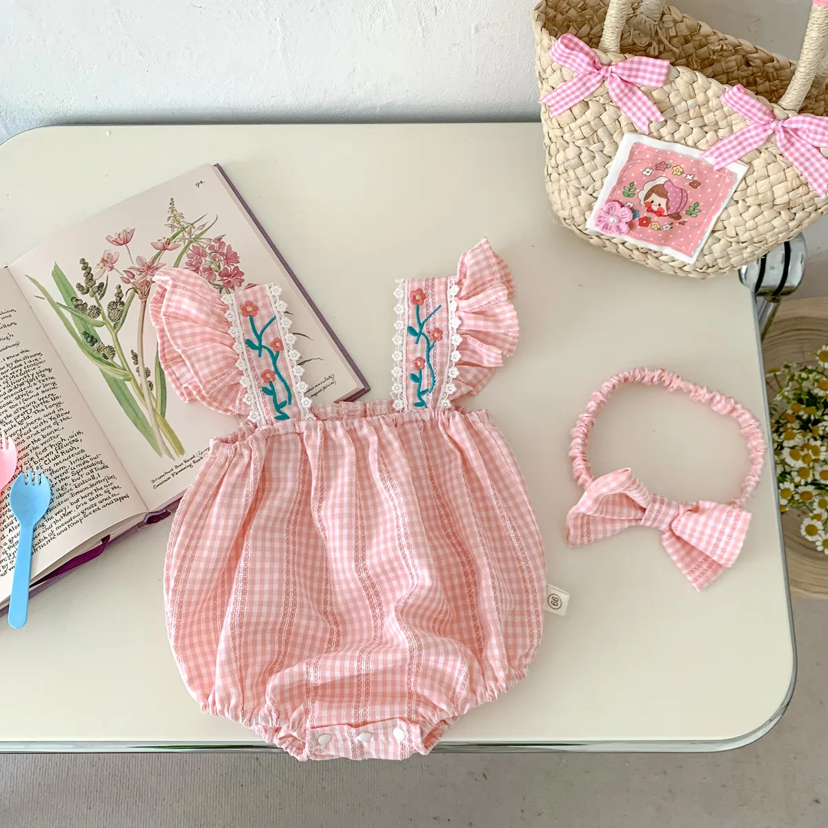 Baby Girls Sleeveless Embroidery Rose Sweet Pink Romper + Headband Suit Newborn Onesies Jumpsuit Summer Baby Clothes Set