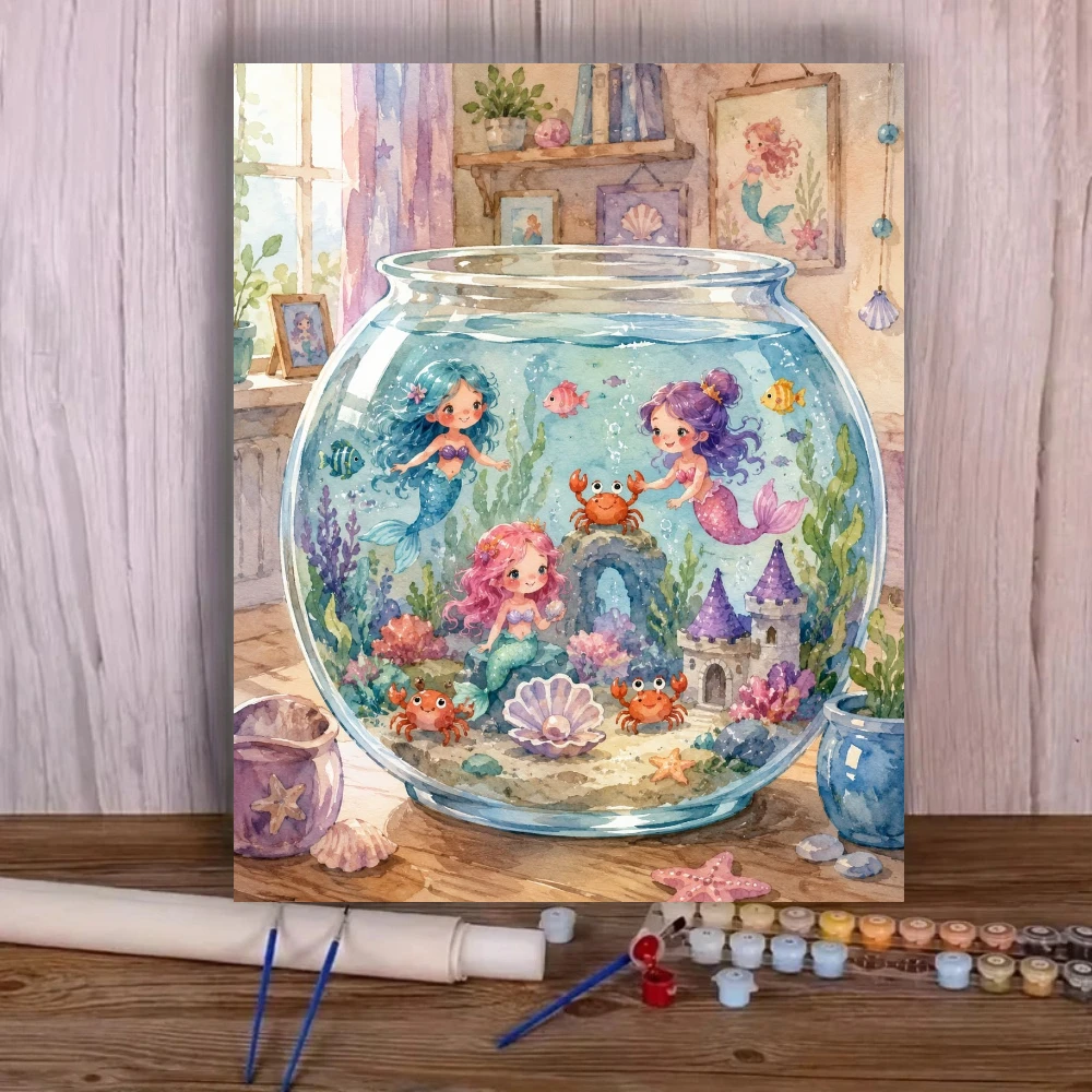 Oil Painting By Number Cartoon Mermaid Fish Tank Wall Decor Canvas Art for Living Room Bedroom Gift No Frame