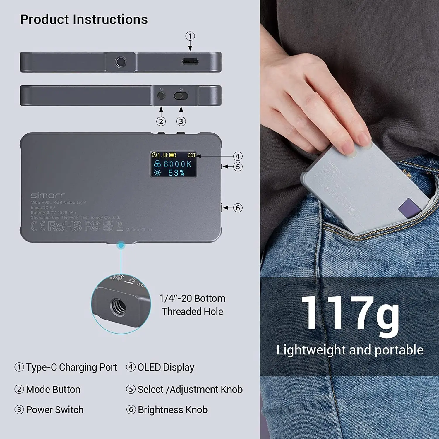 SmallRig P96L RGB Video Light, แบบพกพากล้อง LED Light สีเติมแสง CRI 96 + LED DSLR 3489