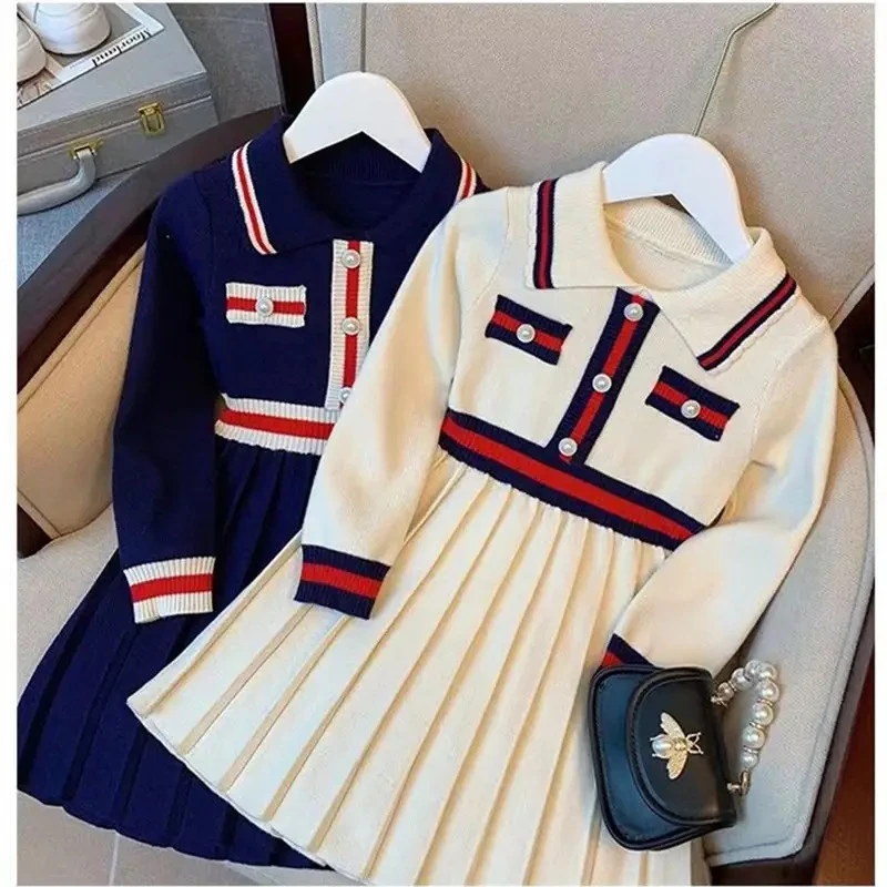 Girls Knitted Dresses Autumn Winter New Sweater Dress Children Academic Style Warm Princess Dress Korean Kids Clothing 2-6Yrs