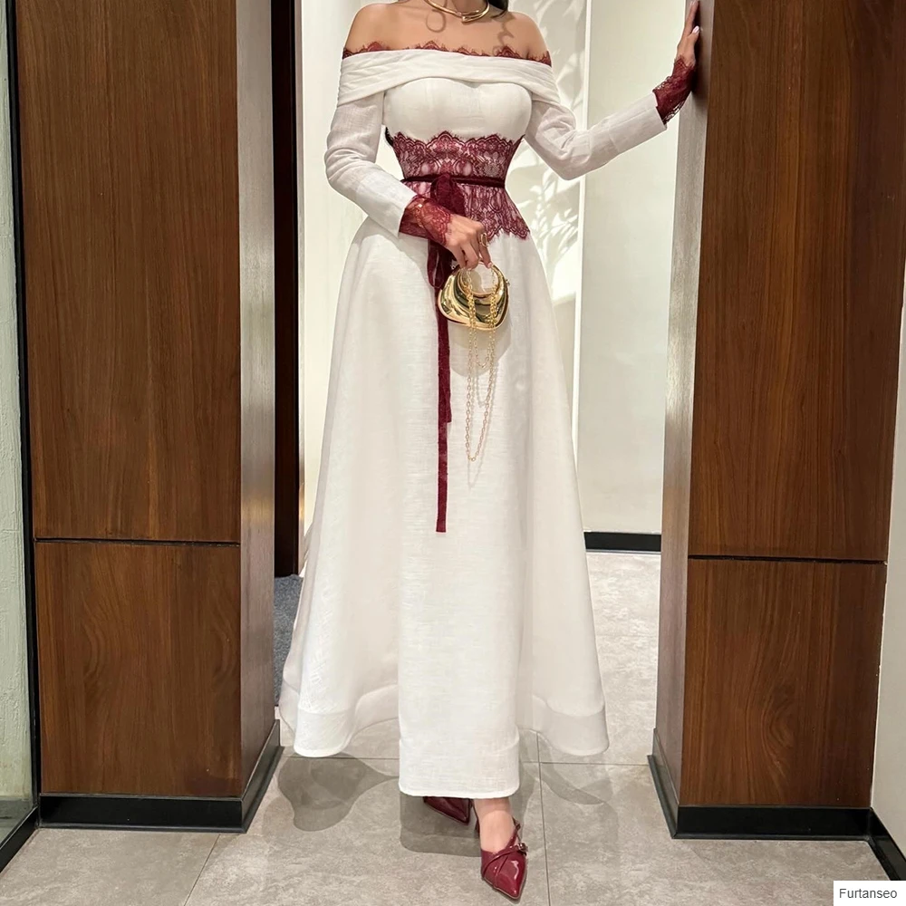 

A-line Women's Evening Dresses Ankle-length Off The Shoulder Full Sleeve Prom Gown Fashion Lace Simple Draped Customized Gowns