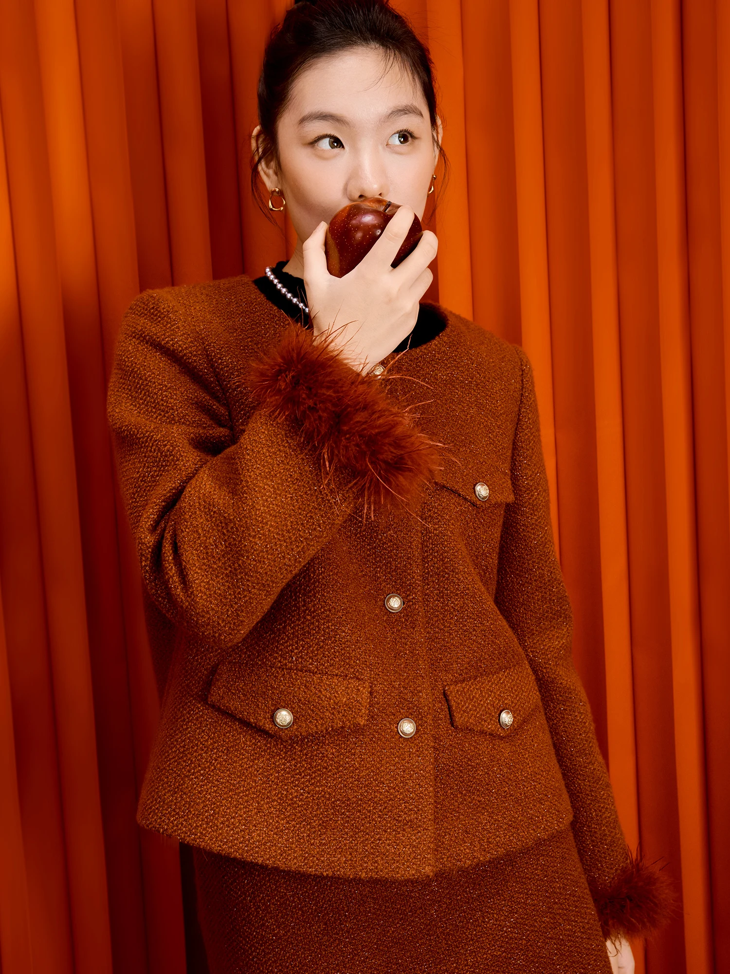 DUSHU Christmas New Year Red Suit For Women 2025 Winter New Design Elegant Hepburn Style Three-piece Skirt Suit Chic Outfit Set