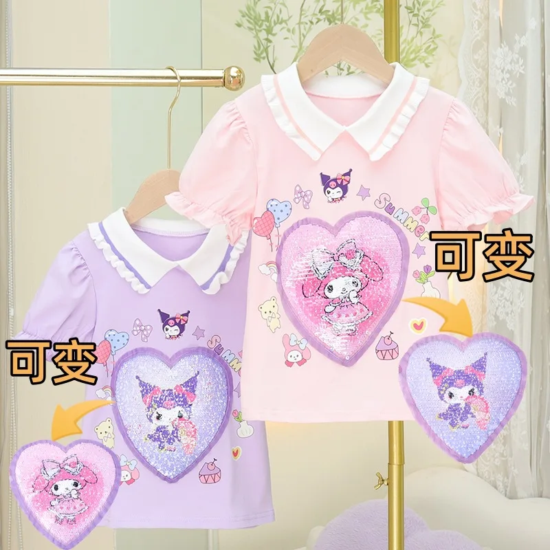 Camiseta de algodón de Anime Sanrios para niños, camiseta Kawaii de manga corta, My Melody Kuromi, Tops de media manga de dibujos animados, ropa de verano para niños