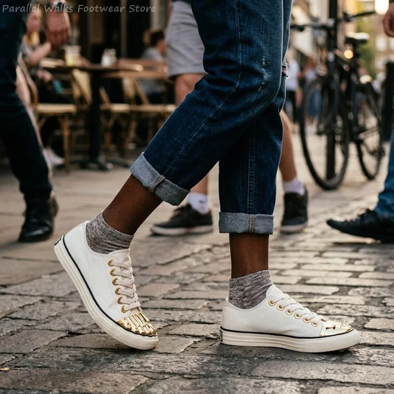 Premium Men Canvas Board Sneakers Gold Metal Toe Cap Gothic Punk Lace Up Shoes Flat Rubber Sole Breathable Casual Shoes Sneakers
