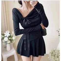 2024 Autumn/winter Korean Version New Skew Collar Off Shoulder Long Sleeve T-shirt+high Waisted Pleated Skirt Two Piece Set RYKN