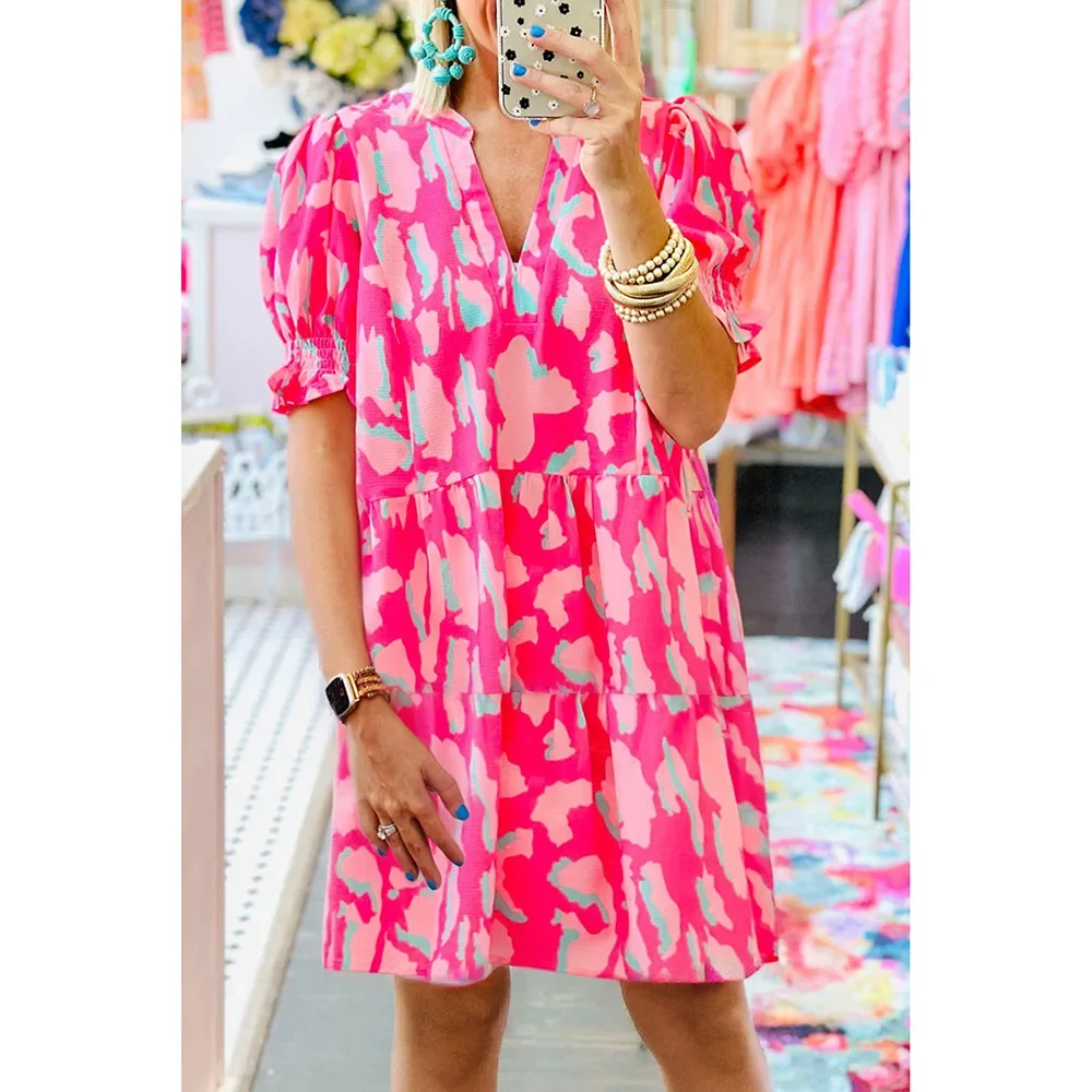 Vestido holgado con cuello en V para mujer, Falda corta con estampado de manga burbuja, estación independiente, moda urbana europea y americana, Verano