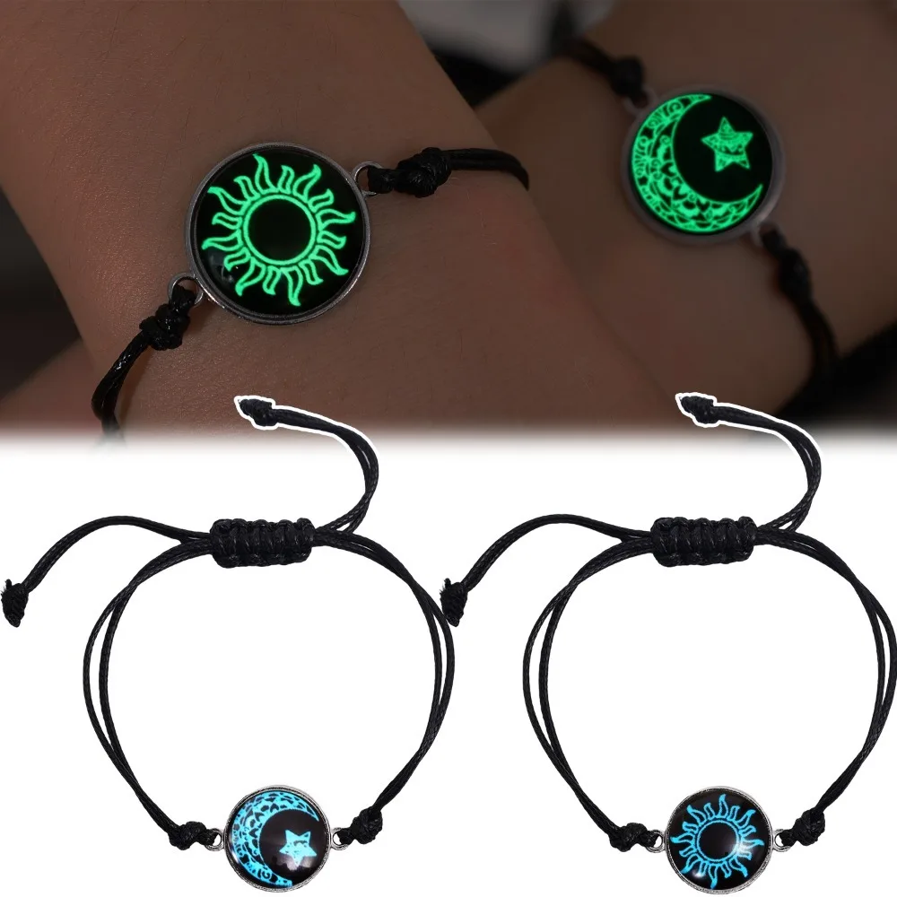 مضيئة الشمس القمر زوجين أساور يتوهج في الظلام مطابقة الحب سوار رومانسية Gif للأصدقاء قابل للتعديل بو حبل سوار