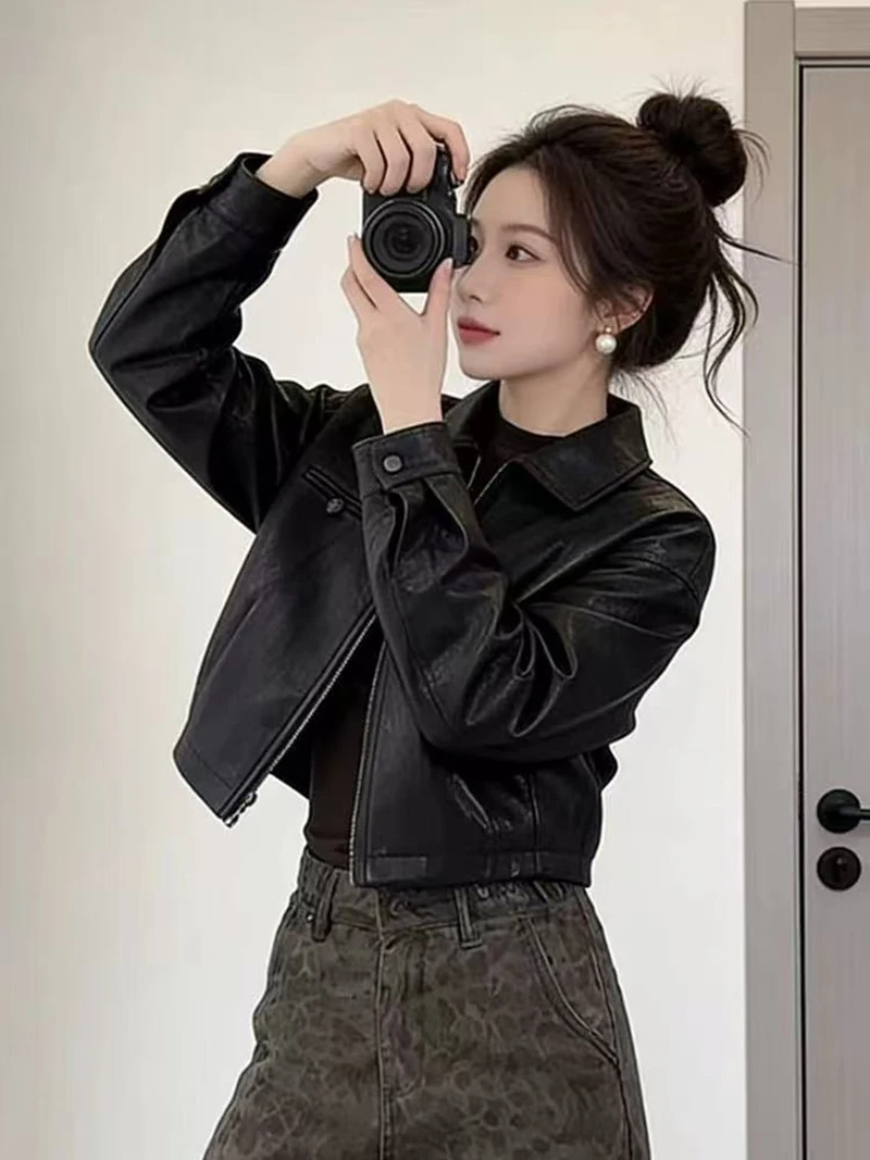 Chic Black Women Pu Leather Jacket Cropped Zip Up Lapel Collar Moto Y2K Streetwear Biker Faux Outerwear Top