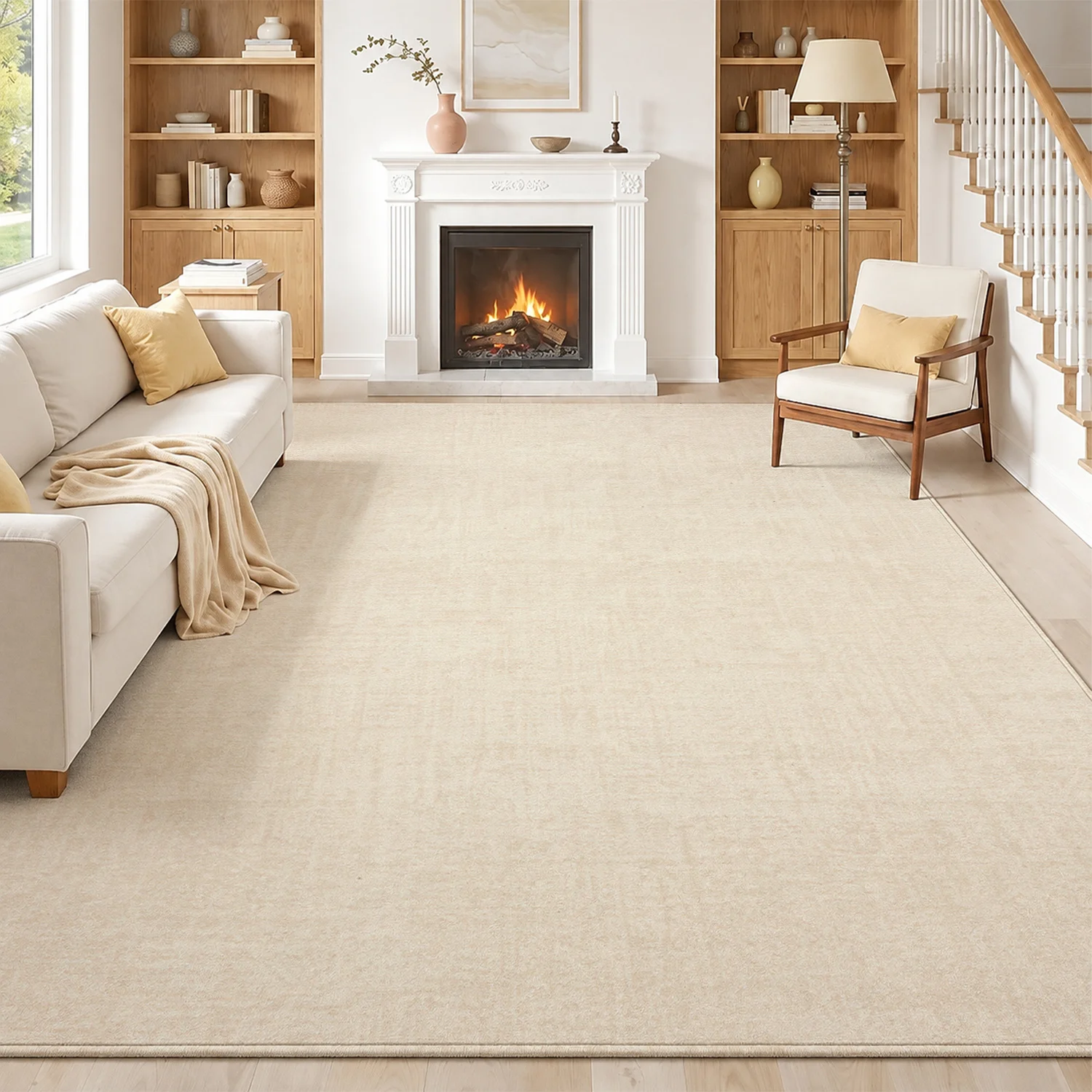 Large Indoor Area Rug, Soft Velvet Low Pile with Non-Slip Dotted Backing, Machine Washable Neutral Beige Subtle Textured Floor Rug for Living Room Bedroom