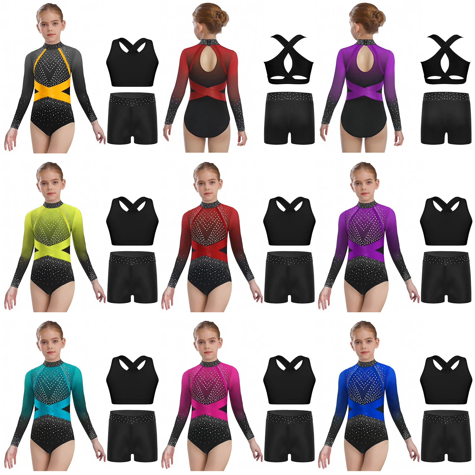 Kids Girls Gymnastics Dance Outfit Long Sleeve Sparkling Rhinestones Color Block Leotard with Cross Back Vest And Shorts